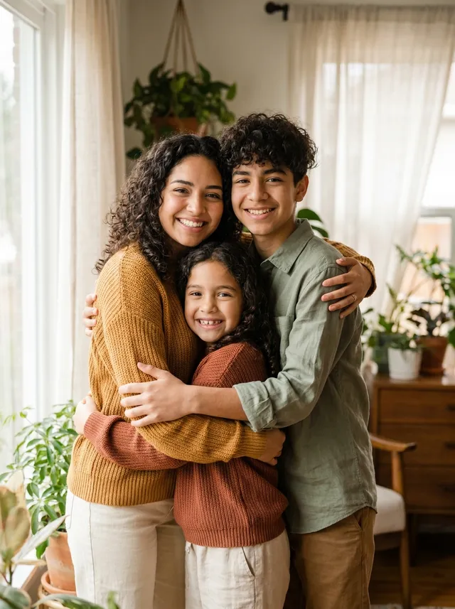 Siblings hugging and smiling